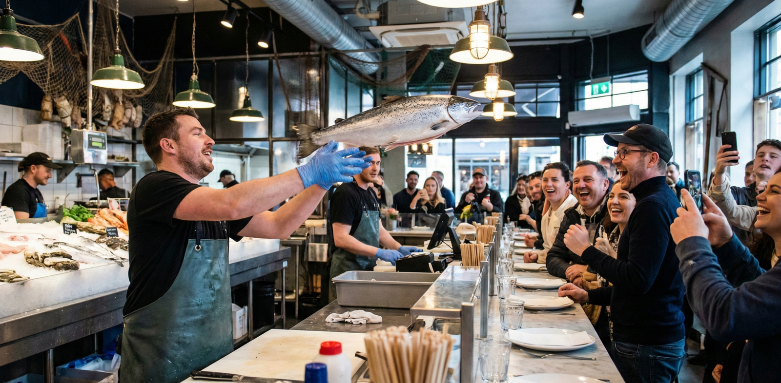 Interactive Fish-Throwing Restaurants: Dining Experiences With a Show